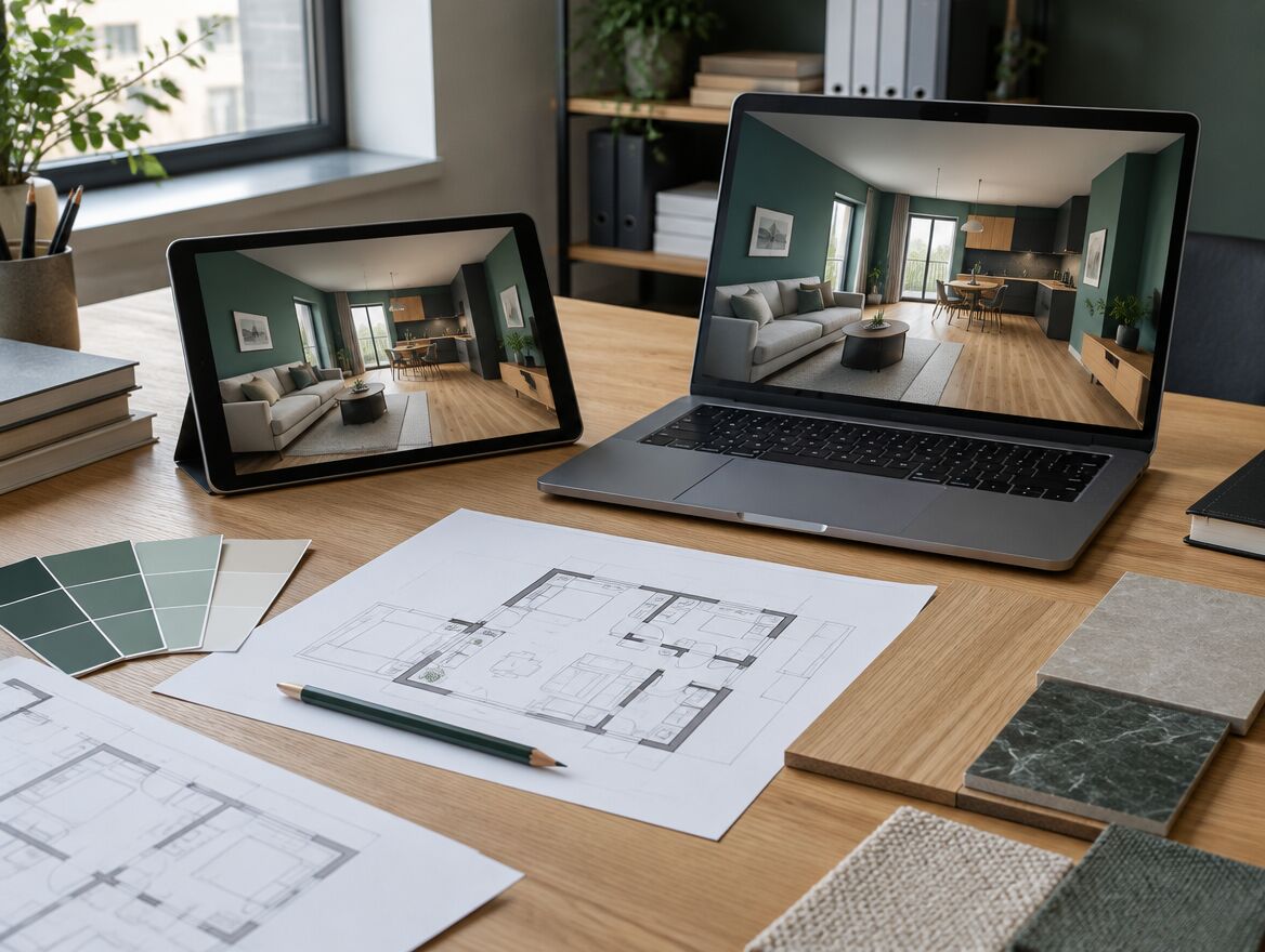 3D-Planung einer Wohnung auf Tablet und Laptop